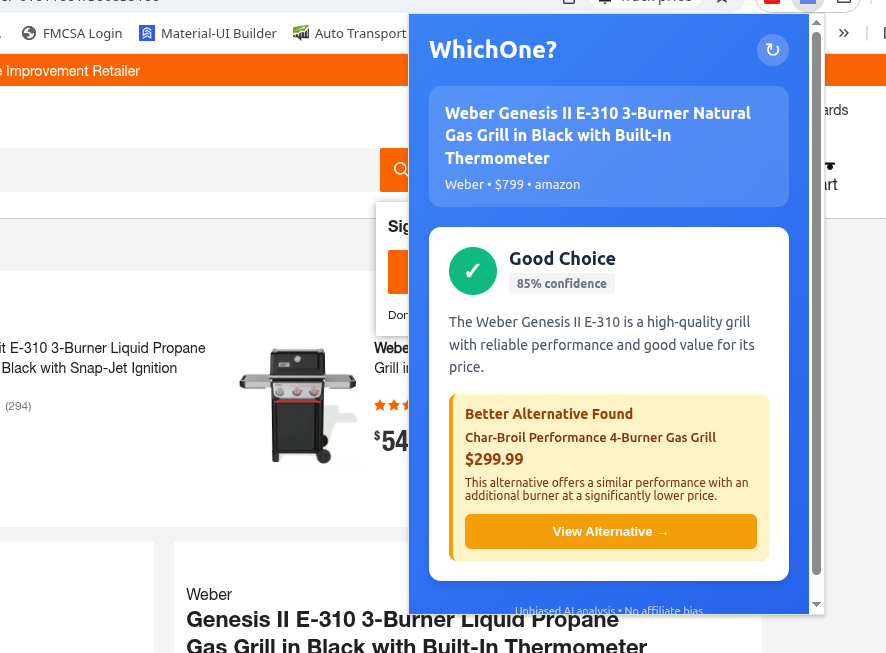 WhichOne Chrome Extension showing AI product analysis
