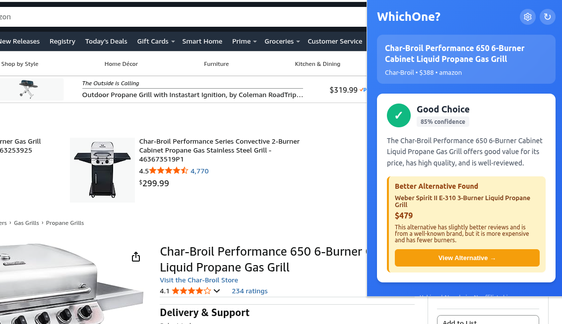 WhichOne Chrome Extension showing AI product analysis
